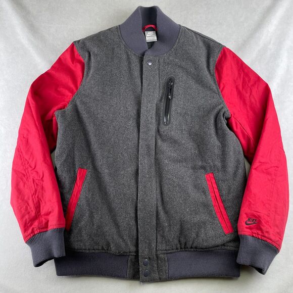 Nike Destroyer Jacket Mens L Gray Red Wool Blend Varsity Bomber Snap 509796-071 - Picture 1 of 12